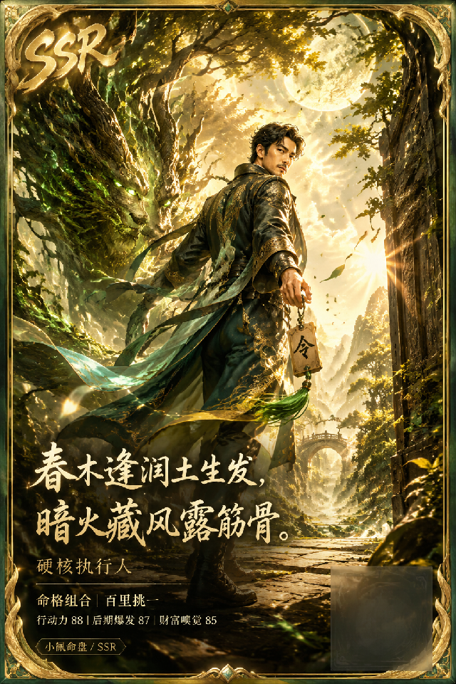 小佩生成的人生角色卡示例，东方幻想人物与木系守护灵同框